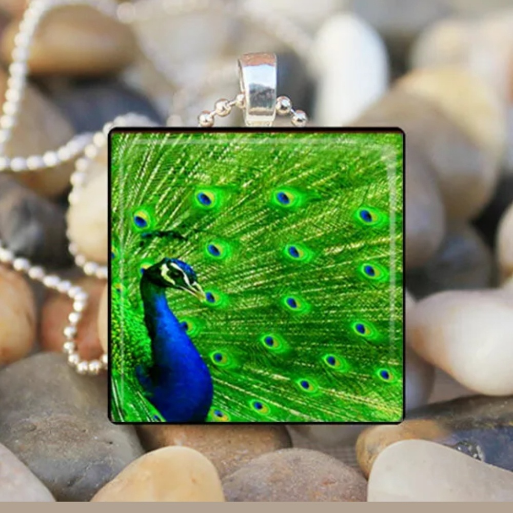 Green Peakock Sliver & Glass Tile Necklace